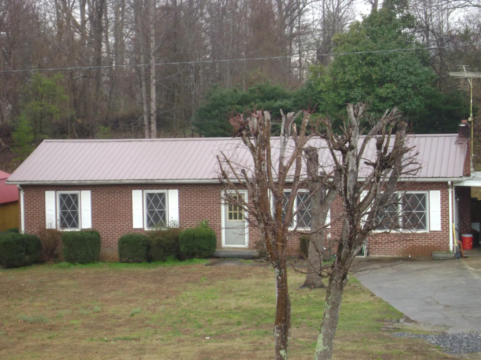 Mauve metal roof on a brick ranch home behind bare trees in Kingsville